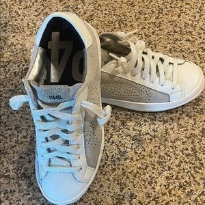 P448 Distressed Metallic Silver and White Sneakers